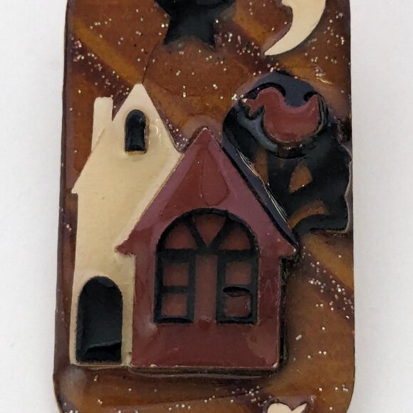 House Pins By Lucinda Resin Brown House Moon Star Ducks Brooch Pin - Picture 2 of 4